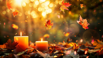 Cozy autumn scene with candles and falling leaves in warm light