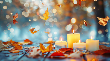 Autumn leaves falling on candles with bokeh lights in the background