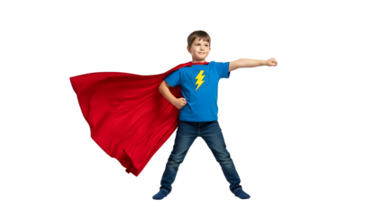 Young boy dressed as a superhero with red cape isolated on transparent background