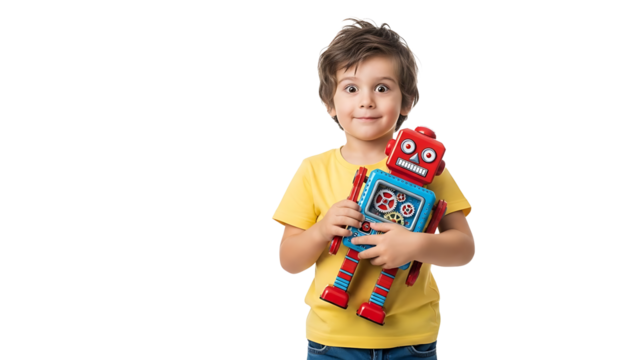 Happy child boy hugging a colorful toy robot isolated on transparent background