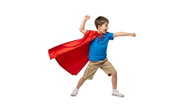 Young boy dressed as a superhero with a red cape isolated on transparent background