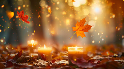 Autumn leaves falling on candles with warm light and bokeh background