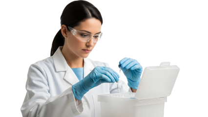 Scientist in lab coat and gloves handling sample in box isolated on transparent background