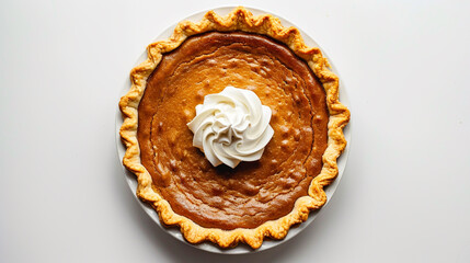 Overhead shot of a fresh pumpkin pie with whipped cream on white background
