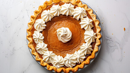 Overhead view of a pumpkin pie with whipped cream on a white surface