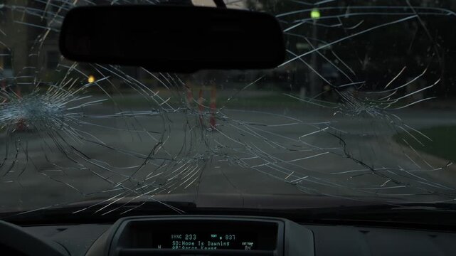 POV driving at dusk through a severely cracked windshield, with spiderweb fractures across the glass while passing parked cars and glowing street lights in a suburban neighborhood.