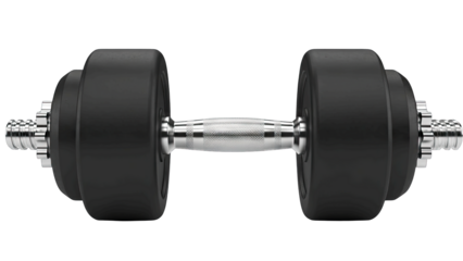Chrome and Black Adjustable Dumbbell Isolated on Transparent Background Ready for Strength Training and Fitness Workouts Representing Weightlifting and Exercise Equipment