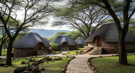 Scenic view of traditional african safari lodge bungalows with thatched roofs nestled among green trees and a stone pathway