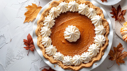 Delicious pumpkin pie with whipped cream on a white table, autumn leaves