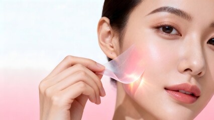 Close up of a woman applying a facial serum with dropper to glowing cheek in a skincare beauty routine shot