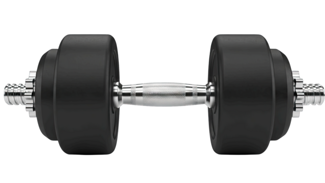 Chrome and Black Adjustable Dumbbell Isolated on Transparent Background Ready for Strength Training and Fitness Workouts Representing Weightlifting and Exercise Equipment