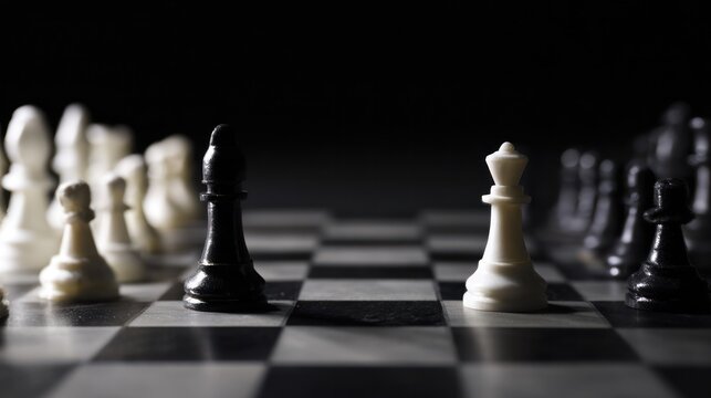 Tense chess endgame with black and white pieces in confrontation. public awareness campaigns, NGO reports, designed for public awareness campaigns and NGO communications.