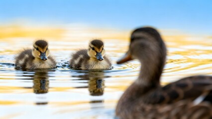 Mother duck leading a line of fluffy ducklings across calm reflective water in a close natural wildlife portrait