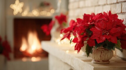 Cozy Christmas Decor with Red Poinsettia Flowers on a Mantel Near a Festive Fireplace and Twinkling Lights