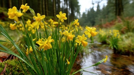 Obraz premium Vibrant Yellow Daffodils Blossoming in a Serene Forest Stream Surrounded by Lush Greenery and Soft Morning Light