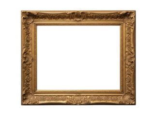 Ornate antique gold picture frame with detailed carving and empty white center, isolated on transparent background for easy copy space