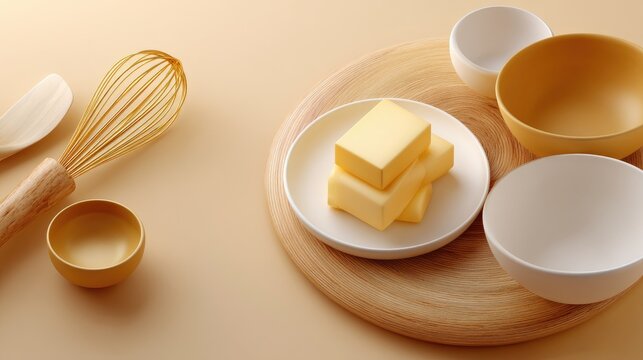 Smooth Butter Stacks on a Round Wooden Plate with Kitchen Tools and Elegant Bowls on Soft Beige Background for Culinary and Baking Themes