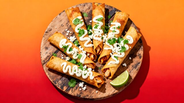 Vibrant overhead photo of a colorful plate of tacos with lime and sauce on a bold red orange background - Powered by Adobe