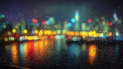 Wet window with the background of the night city Generative AI. High quality