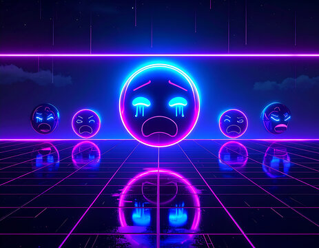 Neon Grid Landscape With Crying and Angry Emoticons emoji - Powered by Adobe
