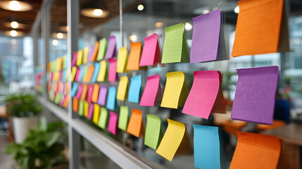 Vibrant colored sticky notes blurred on a glass wall, creating a creative chaos, symbolizing innovative ideas and collaborative thinking in a modern office setting.