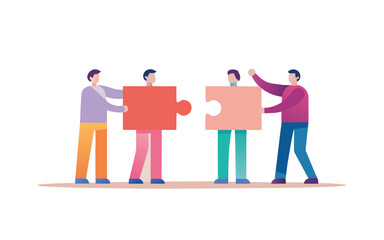 Teamwork and collaboration group of people connecting puzzle pieces isolated on transparent background