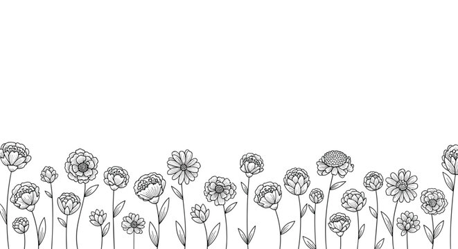 Minimalist black and white floral border with hand-drawn peony and zinnia flowers arranged along the bottom edge on a white background.