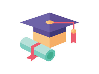 Graduation cap and diploma isometric illustration isolated on transparent background