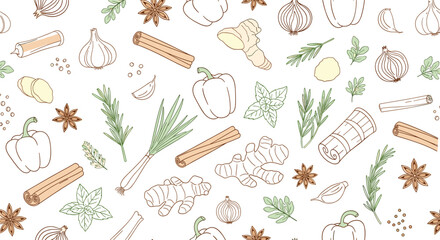 Seamless background pattern of various hand-drawn herbs and spices like rosemary, cinnamon, ginger, and garlic for a culinary theme.