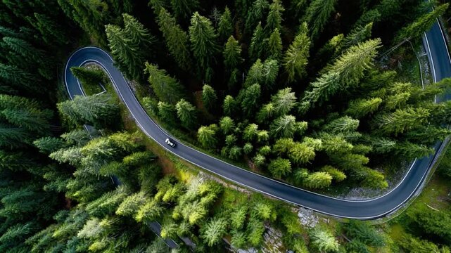 Winding Road Through Lush Forest: An aerial view captures a serpentine road weaving through a vibrant forest canopy, the path of adventure leading toward a hidden destination. 