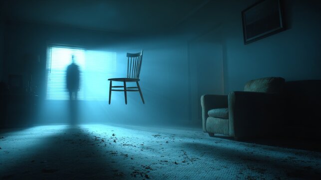 Dark living room at night with a wooden chair suspended mid-air, faint shadowy humanoid figure, cold blue backlighting, floating dust and debris, cinematic horror atmosphere.