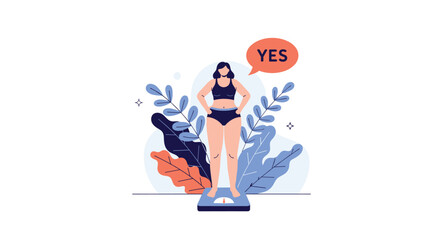 Confident woman standing on a bathroom scale with a 'YES' speech bubble, celebrating weight loss success and promoting body positivity.