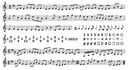 Collection of various musical notation elements, including staves with notes, clefs, time signatures, and other musical theory symbols.