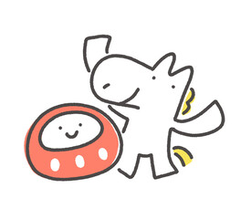 かわいい達磨の置物と万歳する白馬　正月素材