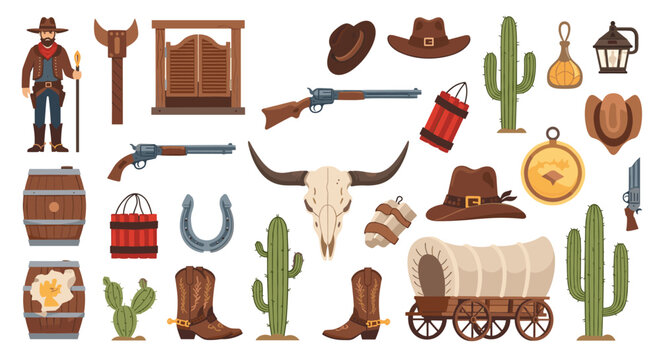 Comprehensive collection of wild west and cowboy-themed icons, including a cowboy, guns, cactus, saloon doors, and a covered wagon.