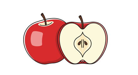 Obraz premium Simple and clean illustration of a whole red apple next to a half apple, showing the core and seeds, on a white background.