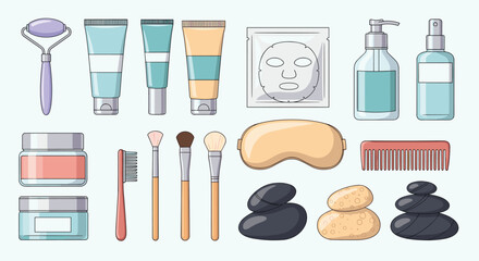 Flat lay illustration of various spa, beauty, and skincare routine products for self-care and relaxation on a light background.