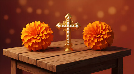Celebrating Dia de los Muertos with vibrant cempasúchil flowers and a golden cross, perfect for remembrance and honoring loved ones, a time for family and tradition