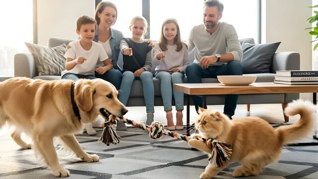 Family laughing as golden retriever and Persian cat playfully tug rope toy in bright living room, creating joyful memories