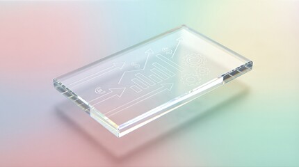 A transparent microfluidic lab-on-a-chip with intricate etched channels on a soft, colorful background.