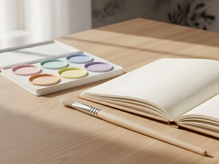 Embracing a new creative journey with a clean palette of pastel watercolors and an empty sketchbook awaiting the first stroke