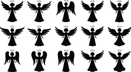 Angel silhouette icon, halo wing figure, spiritual vector design, black celestial beings, cad drawing flat vector illustration, divine art symbol