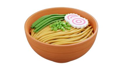 Close up of a delicious ramen bowl filled with golden noodles and fresh green toppings presented on a simple white background with a transparent background for easy integration