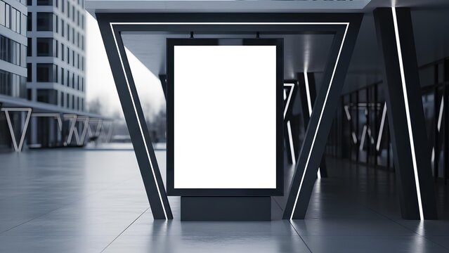 A blank vertical advertising light box mockup within a modern, illuminated architectural frame in a futuristic urban setting.