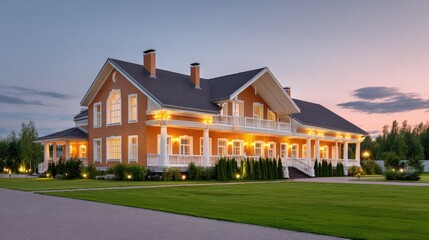 Elegant two-story house with modern architecture, vibrant sunset, landscaped lawn, and warm exterior lighting in tranquil setting at dusk