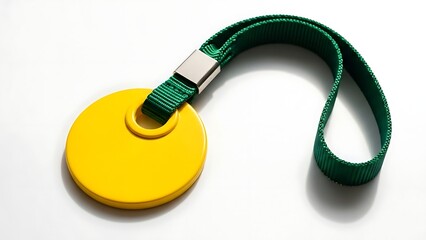Naklejka premium Yellow Round Tag with Green Lanyard on White Background.