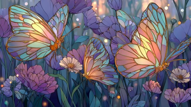 Pastel stained-glass butterflies drifting over a wildflower meadow with shimmering glass pieces, soft radiant highlights, elegant gold outlines, dreamy luminous atmosphere