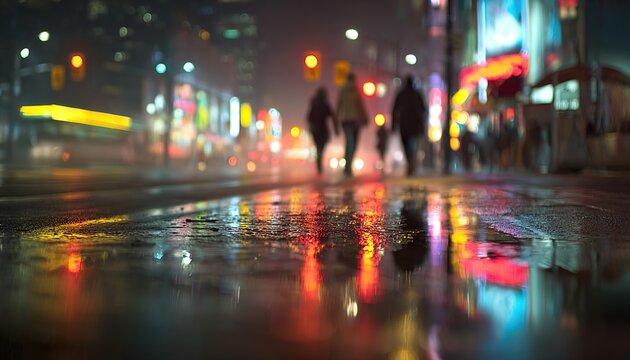 Night street scene with wet pavement reflecting vibrant city lights and blurred pedestrian silhouettes, creating a dynamic urban atmosphere. High quality
