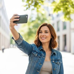 Fototapeta premium Woman with denim jacket taking selfie outdoors on a sunny day smiling