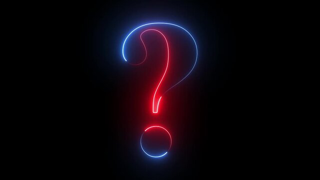 Glowing neon question mark icon on a black background. 4k animation video..